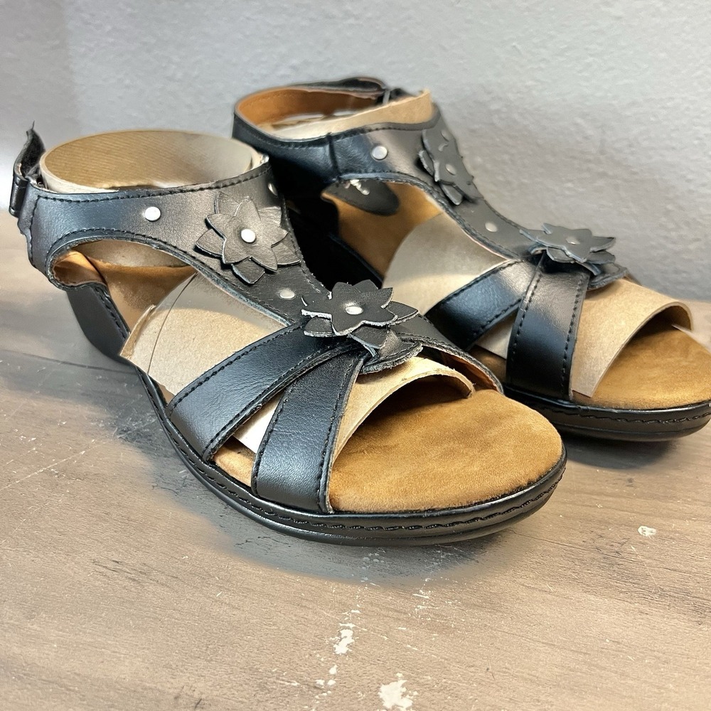 Thom McAn Womens 6.5 Black Leather Comfort‎ Sandals Wedge NWT NOS Discontinued